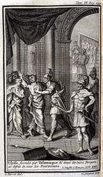Telemaquen toinen Ulysses ja kaksi heidän paimentaan hajoittivat kaikki takaa-ajajat. Lustraatio XXII-kirjalle Odyssee of Homere, Odysseessa, julkaistu Amsterdamissa vuonna 1731, Collection privee Milan.