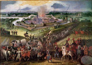 Sota Alankomaita vastaan: "" Näkymä Ardresin kaupunkiin"": Itävallan arkkiherttua Albert valtasi kaupungin vuonna 1596. Flanderin koulun maalaus 1600-luvulta. Real Monasterio de El Escorial, El Escorial, Espanja - Sota Alankomaita vastaan: Näkymä