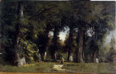 Metsänreuna (edessä), animoitu maisema (takana), 1850-1860 (öljy puulle).