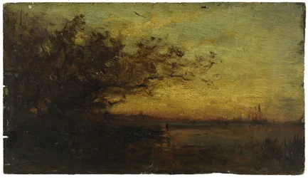 Vesi, laskeva aurinko. Kääntöpuolella: 1850-1860 (öljy puulle).
