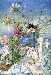 Nainen-sudenkorento (keiju) ja tonttu vauvojen ympäröimänä - Fiona Malcomin "My Fairyland" -kirjassa, ill. Florence Anderson