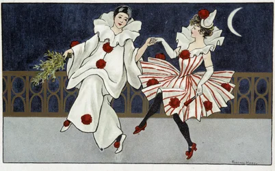 Pierrot ja Colombine tanssivat kuunvalossa - dess. kirjoittanut Florence Hardy, deb. 20. vuosisata
