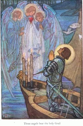 Kolme enkeliä kantaa Graalin maljaa (Sir Galahad) (värilitografia).