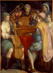 Konsertti Luuttomuusikot, epinette, pasuuna ja viola de gamba. Anonyymi maalaus Firenzen koulusta 1550-1600. Aurinko 1,8x1,3 m