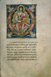 Valaistu sivu, jossa on Kristus Majesteetissa ja evankelistojen symbolit (Cod. Calci, ms. 36, n. 120)