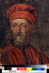 ""Varaan firenzeläisen pankkiirin Luca Pittin (1394-1472) muotokuva"" Hän antoi nimensä Pitti palazzolle) Firenzeläisen koulun maalaus 1500-luvun alusta Alueellinen Deineka-taidegalleria, Kursk Venäjä