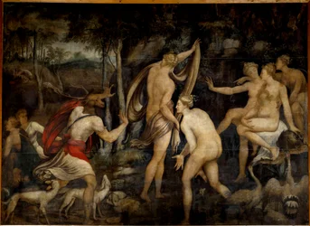Diane (Artemis), metsästyksen jumalatar, ja Acteon, metsästäjä, Fontainebleaun koulun maalaus (1500-luku). Mitat 2,65 x 3,67 m