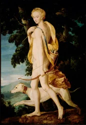 Jousella olevan jumalattaren mukana on koira. Fontainebleaun koulun maalaus. 1500-luvun aurinko. 1,91 x 1,32 m Pariisi, Musee du Louvre
