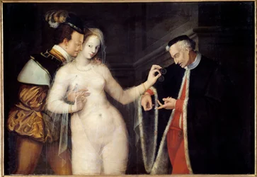 Kahden ikäinen nainen Kohtaus, joka edustaa prostituoitua, jota seurustelee kaksi eri-ikäistä miestä. Fontainebleaun koulun maalaus. 1588 Rennes, Kuvataidemuseo