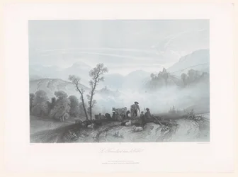 Paimenet lehmien ja lampaiden kanssa sumuisessa laaksossa Le Brouillard dans la Vallée (otsikko esineessä)