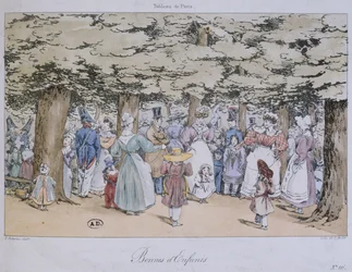 Lapset ja lastenhoitajat puistossa, Tableau de Paris -sarjasta, kaiverrus C. Motte, 1827