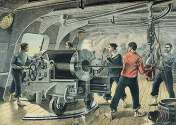 Laivaston patteri pommittaa Santiago de Cubaa, Espanjan ja Amerikan sota 1898 (kaiverrus).