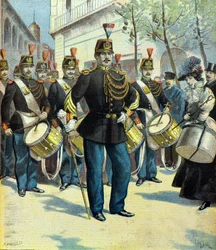 Tasavallan kaartin soittajien ja rumpalin paraati, Pariisi 1896 (kaiverrus).