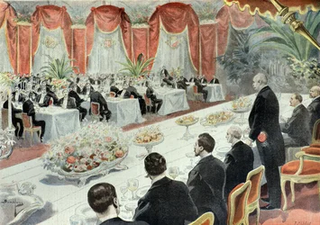 Elinkeinoelämän edustajien Felix Faurelle antama illallinen vuonna 1897 (kaiverrus).