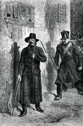 Javert jahtaa Valjeania, kuvitus Victor Hugon "Les Miserables" -julkaisusta, julkaissut J. Hetzel, 1865 (puukaiverrus)