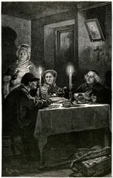 Victor Hugo "Les Miserables" Meaullen kaiverrettu kuvitus Lixistä: Forcat ja Eveque. Jean Valjean, jolle eveque Myriel tarjosi sairaalaa, sitoutuu viimeiseen pakoonsa: isäntänsä hopeaesineisiin. Pöydällä kaksi hopeista kynttilänjalkaa
