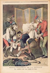 Karikatyyri Saksan, Itävallan ja Italian kolmoisliitosta, julkaisusta "Le Petit Journal", kesäkuu 1896