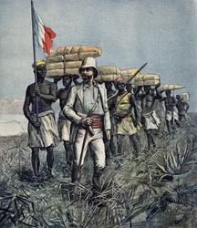 Luutnantti Mizon (1853-99) vuoden 1892 tutkimusmatkallaan Benuejoen alueella Nigeriassa, julkaisusta "Le Petit Journal", heinäkuu 1892