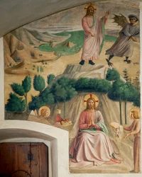 Cella 32: Jeesus ajaa takaa paholaista, joka kiusaa häntä erämaassa; enkelit tuovat hänelle leipää.