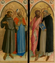 Pyhä Fransiskus ja piispa Pyhä, Johannes Kastaja ja Dominikaaninen, 1420-luvun loppu (tempera ja lehtikulta paneelille).
