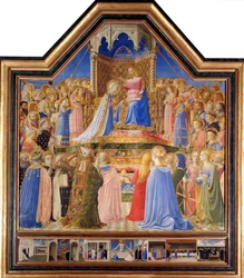 Neitsyen kruunaus, noin 1430-32. Guido di Pietron, myös Fra Giovanni da Fiesole, joka tunnetaan nimillä Fra Angelico ja Il Beato (1387-1455), maalaus, 1400-luku, 2,09 x 2,06 m, Pariisi, Musée du Louvre