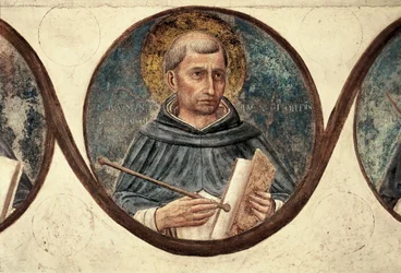 Yksityiskohta Saint Raymond of Penafortista. Firenzen San Marcon luostarin kapitulitalon koristelu. Guidolino di Pietron tai Fra Giovanni da Fiesole dit Beato Angelicon (Fra Angelico) maalaus