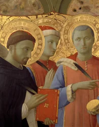 Yksityiskohta Annalenan alttaritaulusta: Pyhän Pietarin marttyyri, Saint Cosimo (Tule tai Cosimo) ja Saint Damien (tempera puulla) muotokuvia