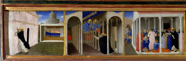 Vasemmalta oikealle Pyhä Dominica (1170-1221) ja paavi Innocentius III (1160-1216), Pyhän Pietarin ja Paavalin ilmestys Pyhälle Dominicalle ja pyhän ihmeellisesti ohjaama ylösnousemuskohtaus”” Vasen osa alttaritaulun "" Coro - predellistä