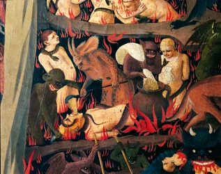 Helvetti demonien kanssa rankaisemassa ahneita, yksityiskohta Giovanni da Fiesolen viimeisestä tuomiosta, joka tunnetaan nimellä Fra Angelico (1400-noin 1455), tempera puulla