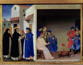 Neitsyt Marian kruunauksen predella: albigenilaisten edessä tuleen heitetyn kirjan ihme. Pyhä Dominicus kumoaa kataarien harhaopin. Louvre, Pariisi