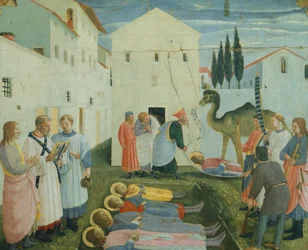 Pyhän Cosman ja Damianuksen hautaus, predella-kuvat, jotka kuvaavat tarinaa Pyhästä Kosmasta ja Pyhästä Damianuksesta San Marcon alttaritaulusta, noin 1443 (tempera puulla)