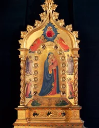 Neitsytellä on pyhäinpyhätähti Neitsyt ja lapsi, Saint Pere, Pyhä Pietari, Pyhä Dominic ja Pyhä Tuomas Akvinolainen. Guido di Pietron (tai Fra Giovanni da Fiesolen) maalaus puulle, Fra Angelico ou il Beato (1400-1455) 1434 Dim. 84x51 cm Firenze,