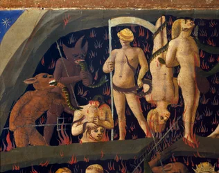 Viimeinen tuomio: demonien tuomat kirotut alamaailmaan. Guido di Pietron (tai Fra Giovanni da Fiesolen) maalaus, Fra Angelico ou il Beato (1400-1455)