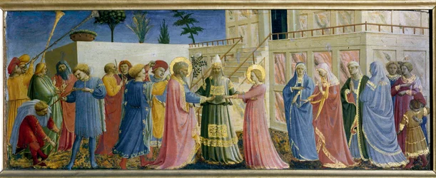 Neitsyt Predellen häät. Guido di Pietron (tai Fra Giovanni da Fiesolen) maalaus puulle, Fra Angelico ou il Beato (1400-1455)