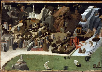 Thebaide - Kohtauksia aavikon isien elämästä (Thebaid) - Fra Giovannin (Guido di Pietro) maalaus, Fra Angelico (1387-1455) - 1420 - Tempera paneelissa - 73,8x1 cm - Taidemuseo, Budapest