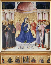 Neitsyt ja lapsi kuuden pyhimyksen kanssa, Pyhä Anthony Padovalainen, St Louis Toulouse, Pyhä Franciscus, Sts Cosmas ja Damian, Pietari Verona. Bosco ai Frati alttaritaulu (Pyhä Pietari marttyyri)) (Puumaalaus