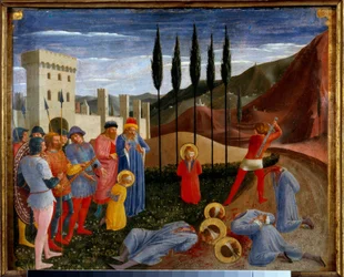 Pyhät Cosimo (Tule tai Cosimo) ja Damien marttyyrikuolema Saint Cosme ja Saint Damien, 3. vuosisadalla syntyneet kaksoisveljet, lääketieteen tohtori, kidutettiin sitten decapits. Detrempe puulla kirjoittanut Guido di Pietro (tai Fra Giovanni da Fiesole) di