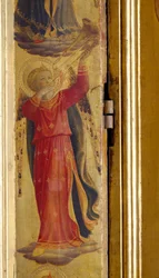 Enkeli soittaa trumpettia, yksityiskohta Linaiuolin triptyykistä, 1433 (tempera paneelissa)