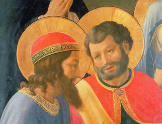 Laskeutuminen ristiltä, yksityiskohta kahdesta pyhimyksestä, 1436 tempera ja kulta paneelille, 1436.