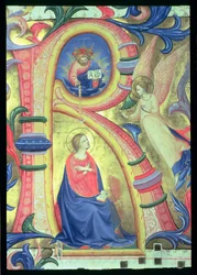 Ms 558 f.33v Ilmestyskirkko kuvattuna historiallisella R-kirjaimella, yksityiskohta messukirjasta, 1430-luvun alun pergamentti, yksityiskohta 88932:sta.