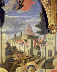 Santa Trinitan alttaritaulu, yksityiskohta Jerusalemin kaupungista ja Salomonin temppelistä, n.1434, tempera ja kulta paneelille.
