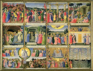 Kohtauksia Kristuksen kärsimyksestä ja viimeisestä tuomiosta, alunperin hopeakaapin laatikot, n. 1450-53 (tempera paneelissa) (katso myös 98902-6)