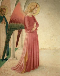 Marian ilmestys, yksityiskohta, jossa ovat arkkienkeli Gabriel ja pyhä marttyyri Pietari, 1442