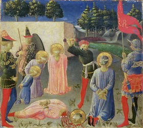 Pyhän Kosman ja Pyhän Damianuksen mestaus, Annalenan alttaritaulun predella, n. 1434 (tempera paneelissa)