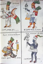 Muinaisten meksikolaisten jumalat, Huitzilopochtli, Tezcatlipoca, Tlaloc ja Paynal, teksti espanjaksi, faksimile Bernardino de Sahagunin käsikirjoituksesta General History of Things of New Spain, joka tunnetaan myös nimellä Florentine Codex.