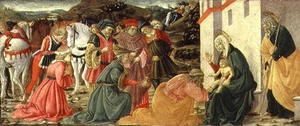 Maagien palvominen, predella-taulu (tempera paneelille).