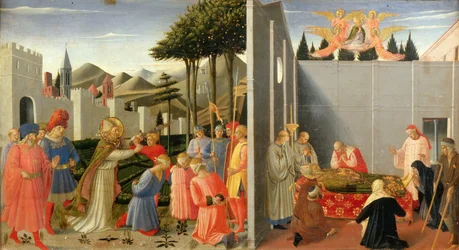Pyhä Nikolaus vapauttaa viattoman miehen, joka on tuomittu kuolemaan Perugian alttaritaululta, noin 1437.