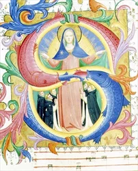 Missaali 558 f.156v Historioitu alkukirjain "S", joka kuvaa Neitsyttä suojaamassa anojia viittansa alla, n. 1429-30 (vellum)