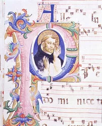 Missal 558 f.24v Historioitu alkukirjain "P", joka kuvaa miespyhimystä