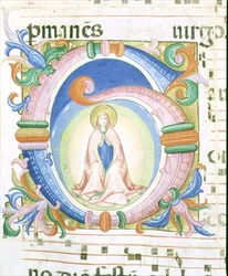 Missali 558 f.92 Historiallinen alkukirjain "G", jossa Neitsyt rukoilee.